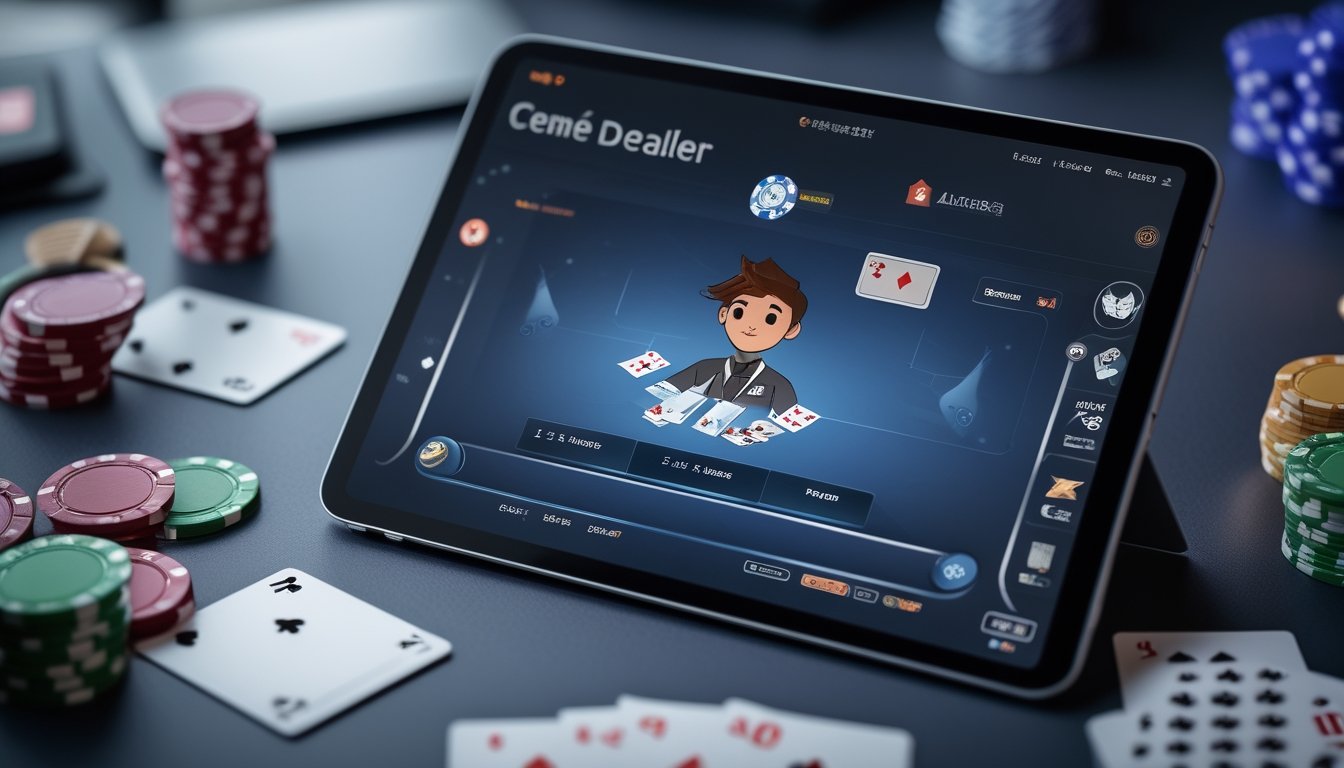 Seorang dealer kartu virtual di layar komputer dengan kartu dan chip poker di sekitarnya dalam suasana permainan kartu online.