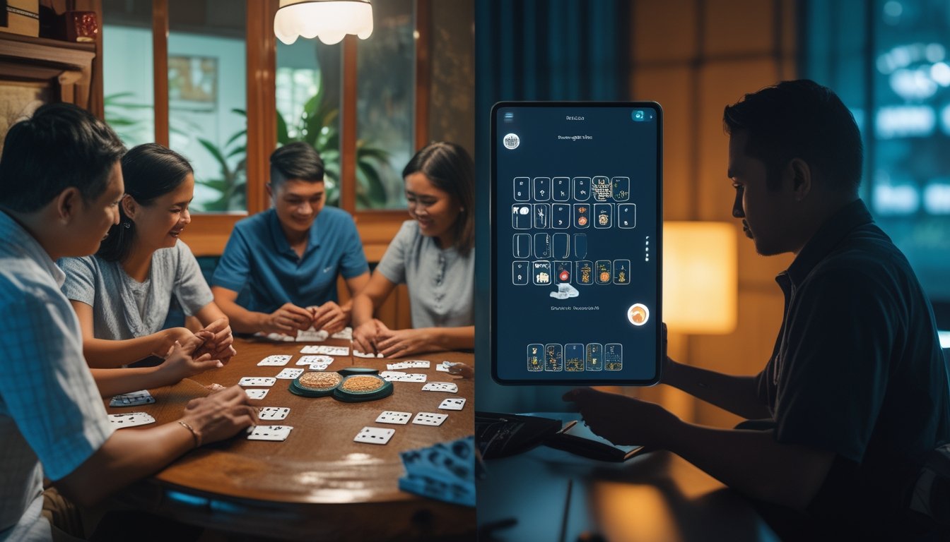 Orang-orang bermain permainan Ceme tradisional dengan kartu domino di satu sisi dan seseorang menggunakan ponsel untuk bermain Ceme versi online di sisi lain.