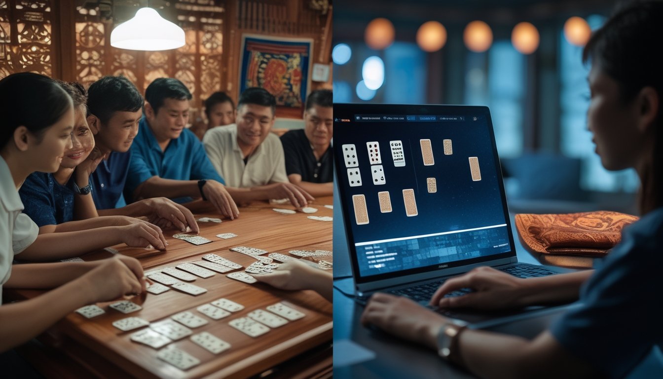 Orang-orang bermain permainan kartu Ceme tradisional di satu sisi dan seseorang bermain Ceme versi online di perangkat digital di sisi lain.