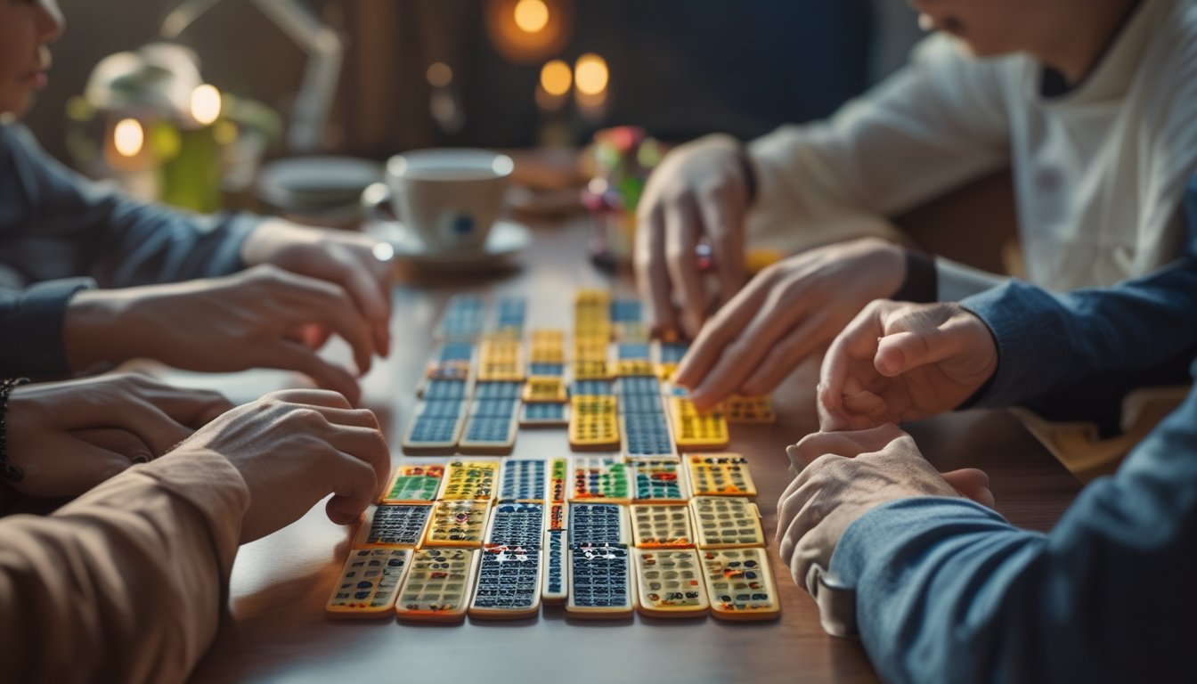Meja permainan dengan ubin domino dan beberapa tangan pemain sedang bermain Ceme Keliling dalam suasana santai.