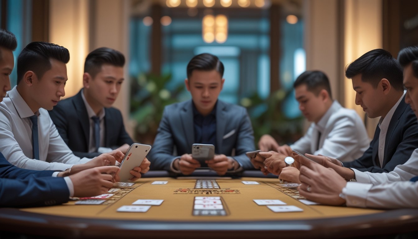 Beberapa orang bermain kartu Ceme dengan perangkat digital, meja keliling, dan dealer di meja kasino.