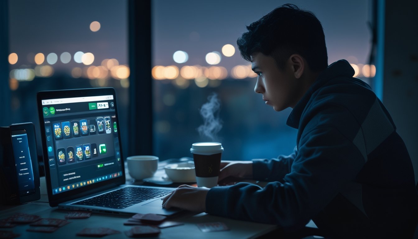 Seorang pria muda duduk di depan laptop di ruangan remang, fokus bermain permainan kartu online dengan ekspresi serius.