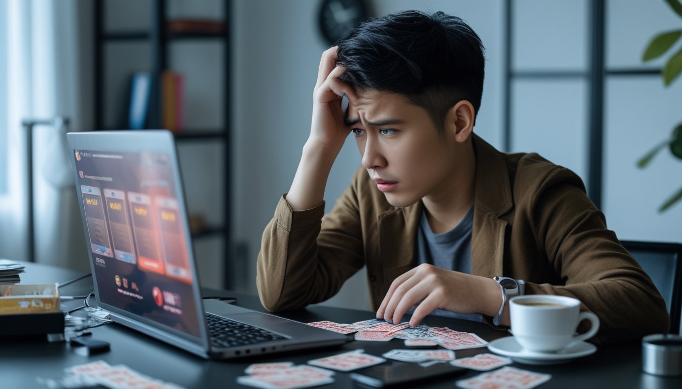 Seorang dewasa muda duduk di meja dengan laptop yang menampilkan permainan kartu online, terlihat cemas dan stres, dengan kartu dan ponsel di sekitar meja.