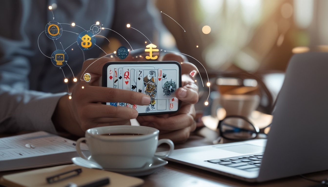 Tangan yang sedang bermain kartu Ceme di layar smartphone dengan latar belakang suasana santai dan elemen meja kerja.