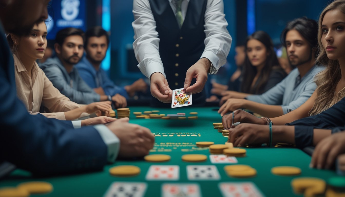 Seorang dealer membagikan kartu kepada pemain di meja hijau dalam permainan Ceme.