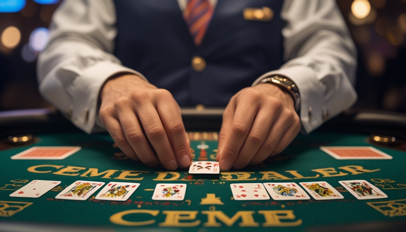 Seorang dealer sedang membagikan kartu domino di atas meja hijau dalam suasana kasino.