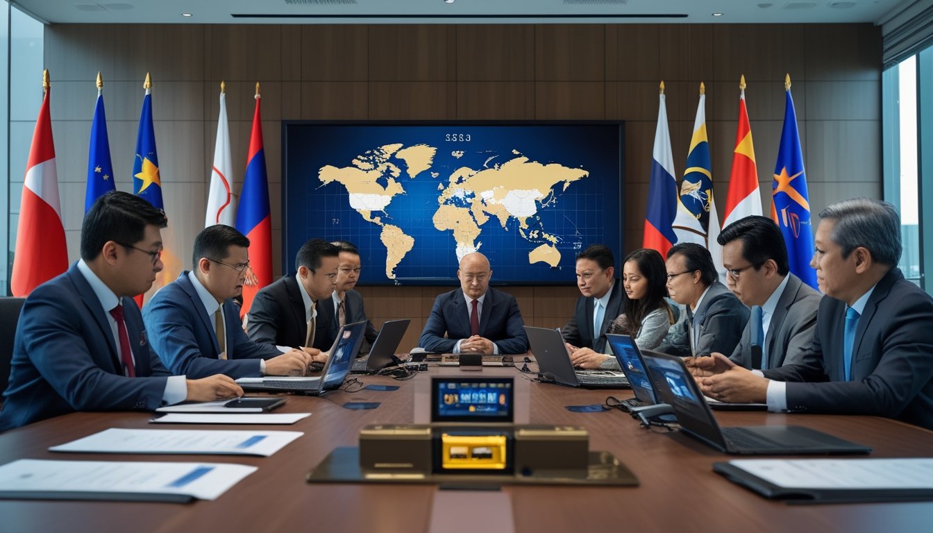 Sekelompok profesional hukum dan pejabat pemerintah sedang berdiskusi serius di konferensi ruang modern dengan dokumen dan perangkat digital tentang perjudian online, di latar belakang terdapat bendera beberapa negara termasuk Indonesia.
