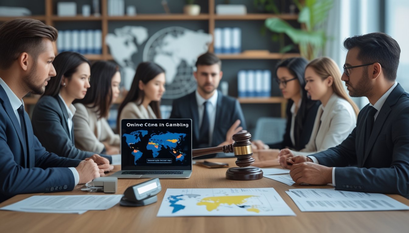 Sekelompok profesional sedang berdiskusi serius di ruang kantor tentang hukum permainan Ceme online dengan peta digital dan dokumen hukum di meja.