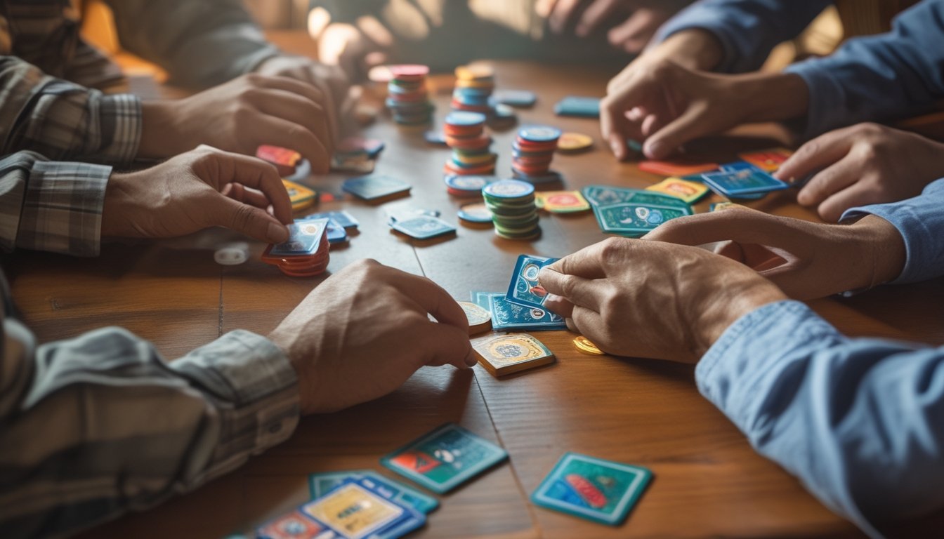 Beberapa tangan pemain yang memegang kartu domino sedang bermain permainan Ceme di atas meja kayu dengan tumpukan chip taruhan.