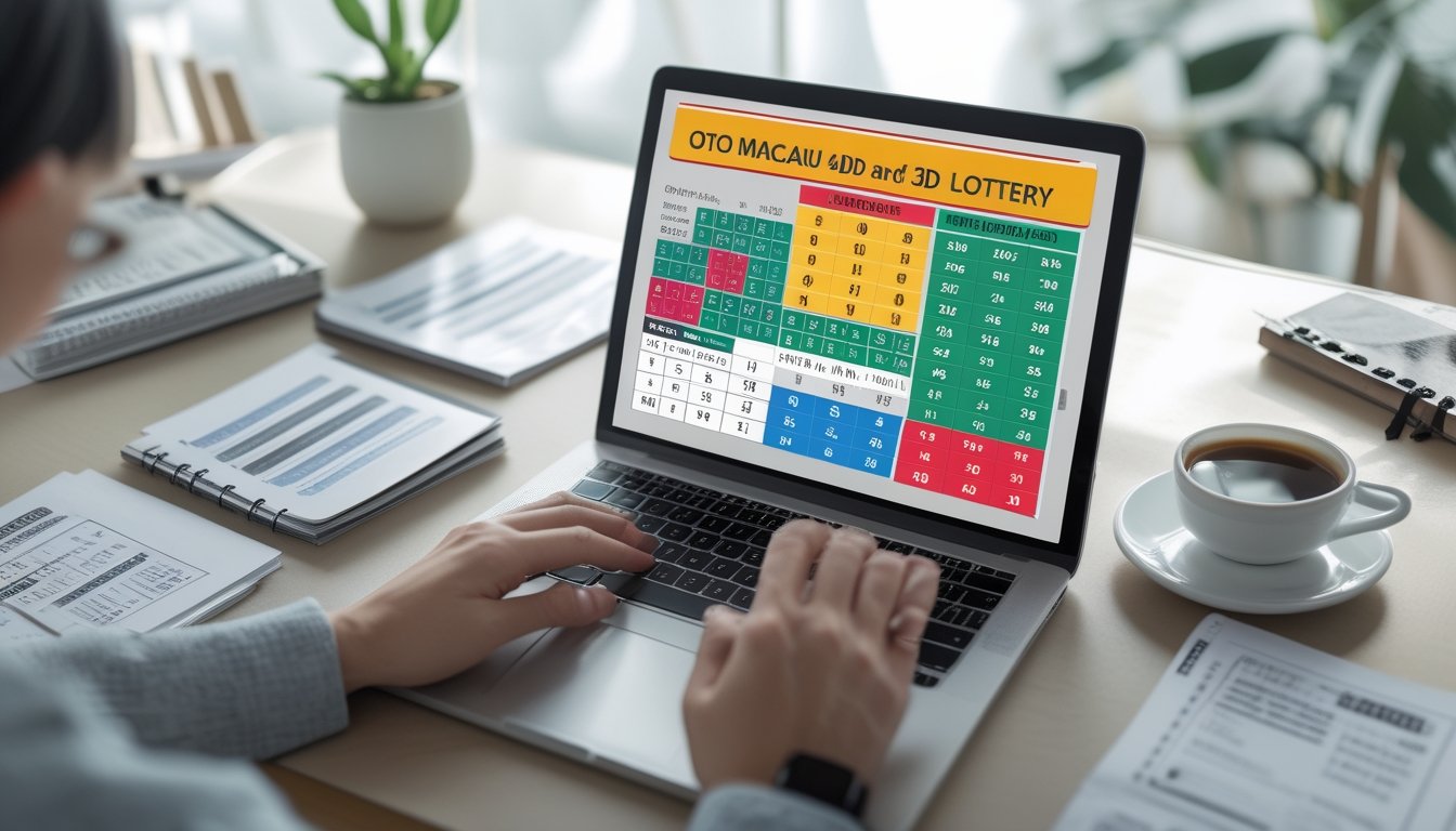 Sebuah meja kerja dengan laptop yang menampilkan angka togel, tangan seseorang sedang mengetik, serta buku catatan dan cangkir kopi di sekitarnya.