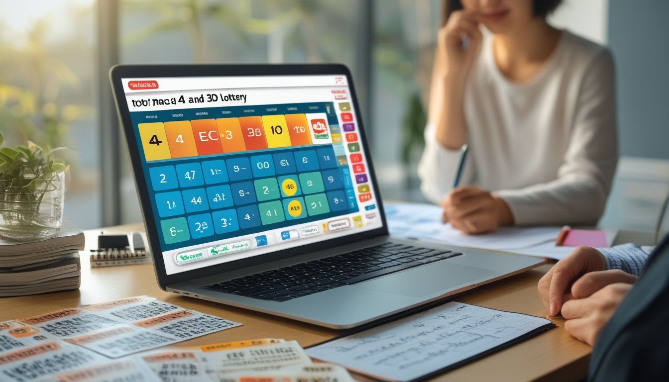 Meja kerja dengan laptop yang menampilkan angka dan grafik Toto Macau 4D dan 3D, tiket lotre, pena, dan catatan strategi, dengan seseorang yang sedang menganalisis hasil lotre di latar belakang.