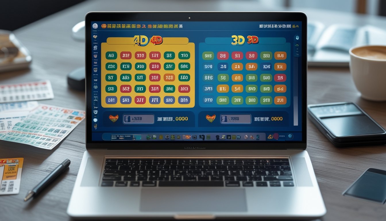 Meja kerja dengan laptop yang menampilkan angka-angka lotere 4D dan 3D, tiket lotere, pena, dan kalkulator di sekitarnya.