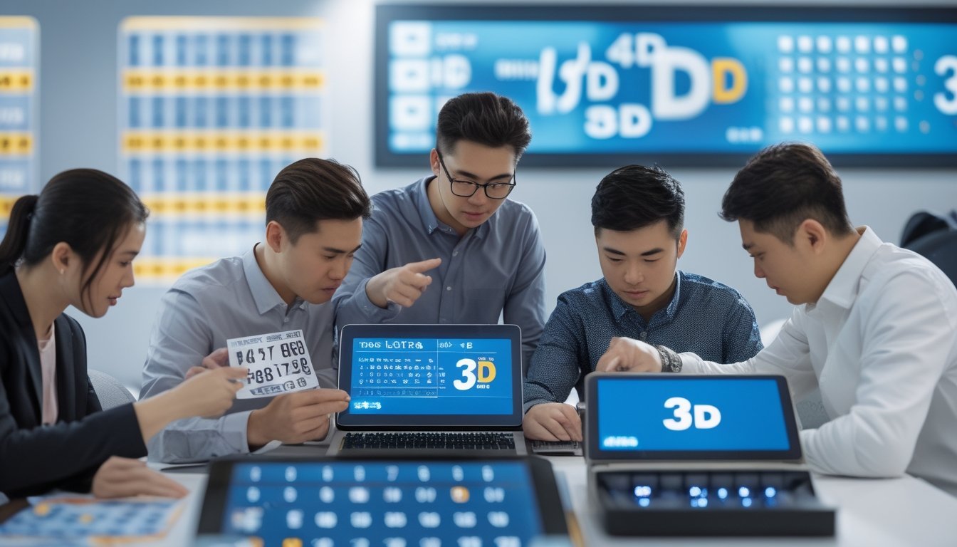 Beberapa orang sedang melihat dan berdiskusi tentang angka-angka lotere Toto Macau 4D dan 3D di sebuah ruangan modern.