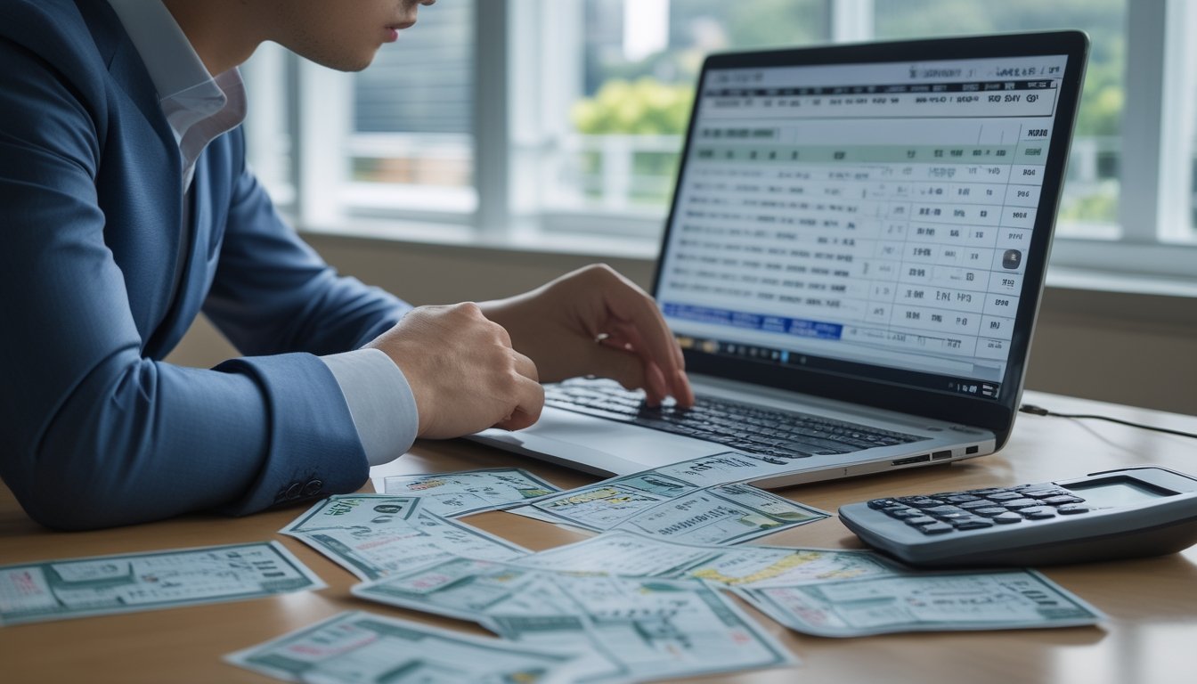 Seseorang duduk di meja kerja dengan tiket lotre dan laptop, terlihat fokus dan sedang merencanakan strategi bermain Toto Macau 4D.