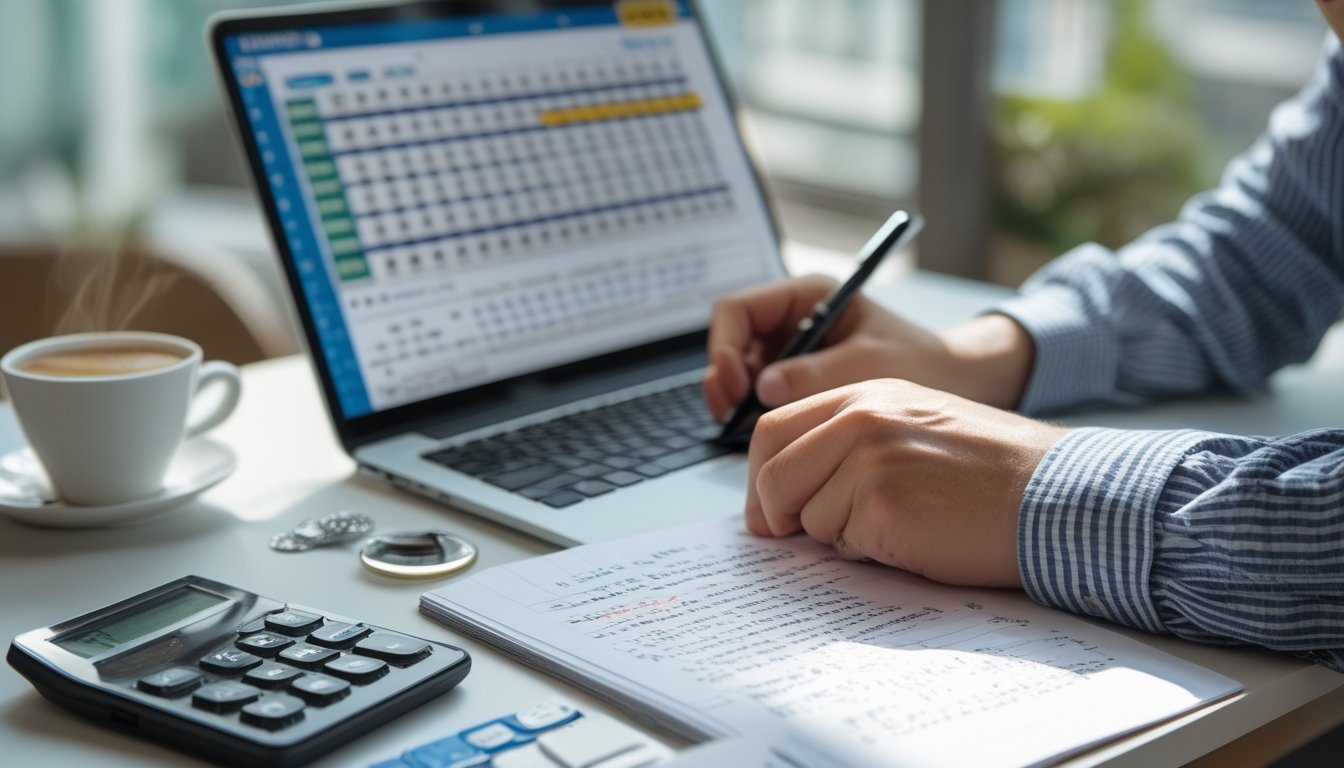 Seseorang sedang duduk di meja kerja dengan laptop, buku catatan, dan kalkulator, fokus menganalisis data dan strategi permainan Toto Macau 4D.