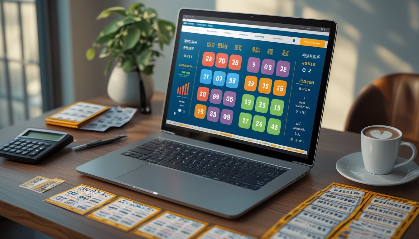 Meja kerja dengan laptop yang menampilkan angka togel 3D dan 4D, tiket togel, kalkulator, dan secangkir kopi.