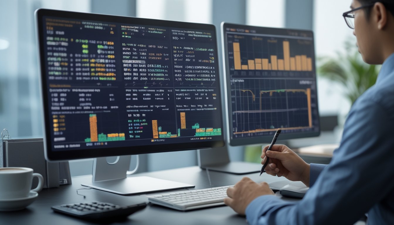 Seorang pria sedang menganalisis data angka lotere di depan layar komputer di ruang kerja modern.