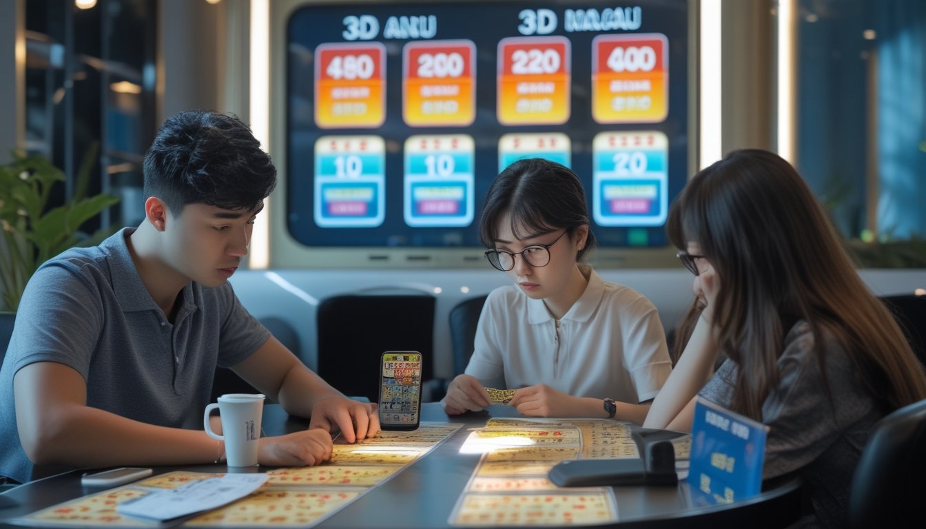 Dua pemain muda duduk di meja permainan Toto Macau dengan ekspresi serius dan fokus, dikelilingi tiket lotere dan layar digital menampilkan angka lotere.