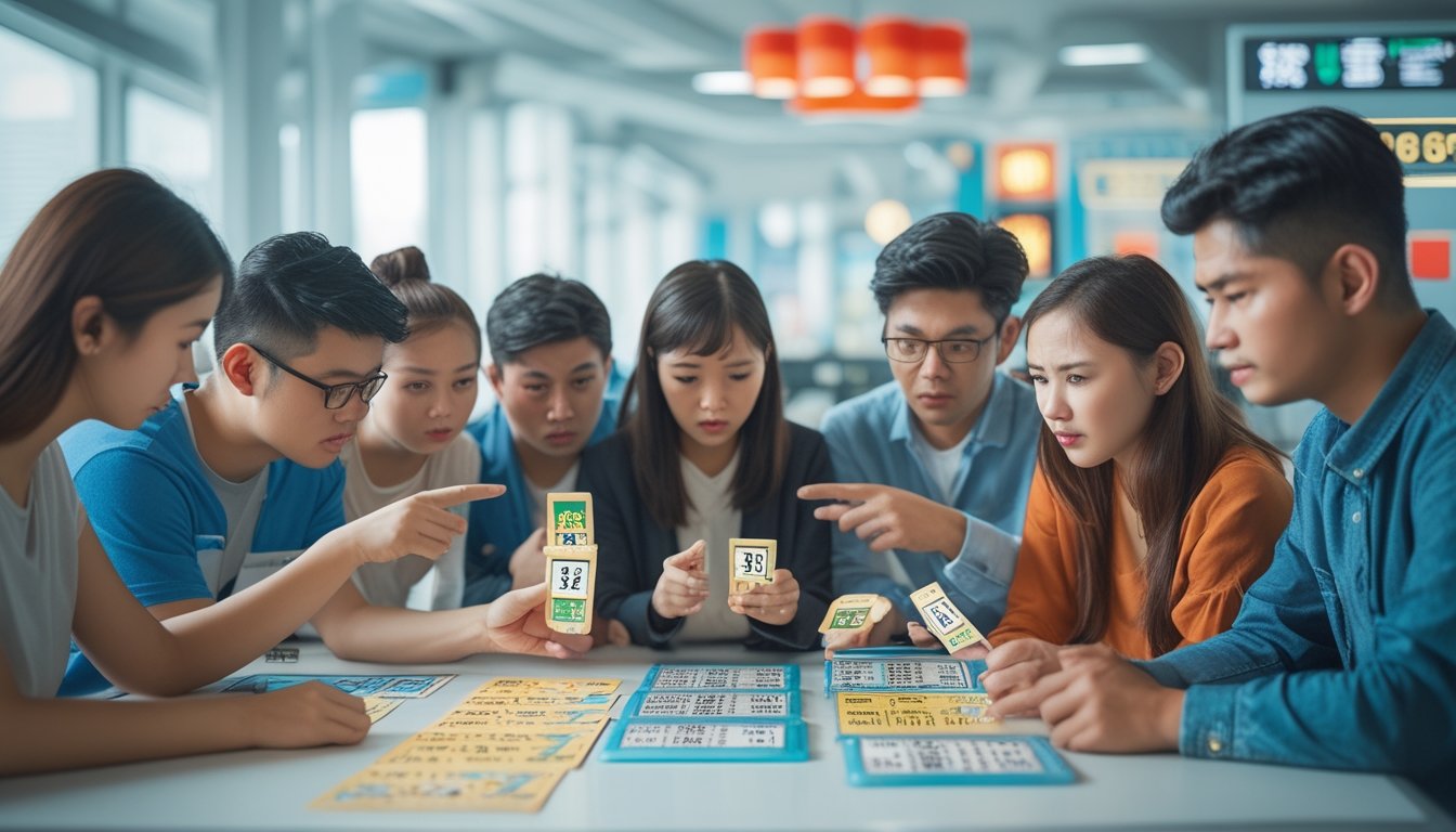 Sekelompok orang muda berkumpul di meja dengan tiket lotere dan perangkat digital, menunjukkan ekspresi bingung dan frustrasi saat bermain Toto Macau 3D dan 4D.