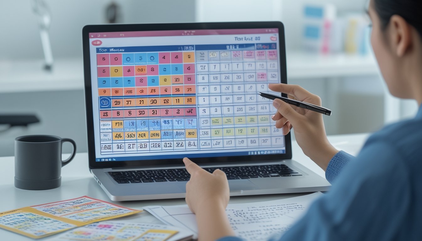 Seorang individu sedang menganalisis hasil keluaran togel dengan laptop, tiket, dan catatan di atas meja di ruang kantor yang terang.
