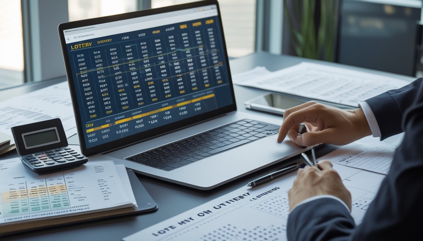 Meja kantor dengan laptop, kertas angka, kalkulator, dan tangan seseorang yang sedang bekerja memprediksi angka togel.