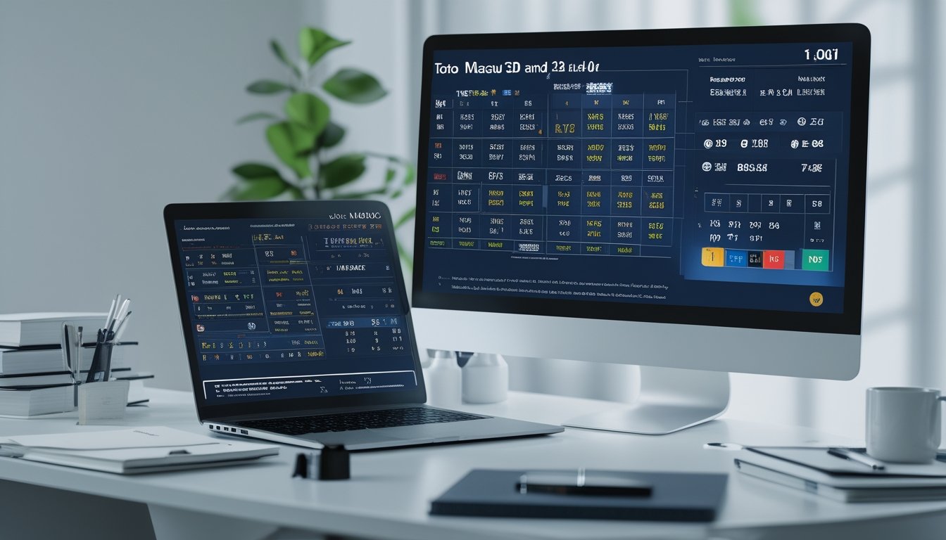 Meja kerja dengan laptop dan tablet yang menampilkan grafik dan angka prediksi togel Toto Macau 3D dan 4D, dikelilingi oleh alat tulis dan secangkir kopi.