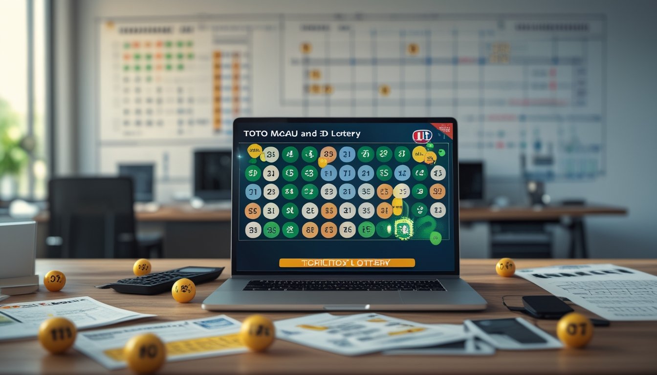 Meja kerja dengan laptop yang menampilkan angka togel, bola togel bernomor, kalkulator, dan kertas dengan data statistik di sebuah ruangan kantor.