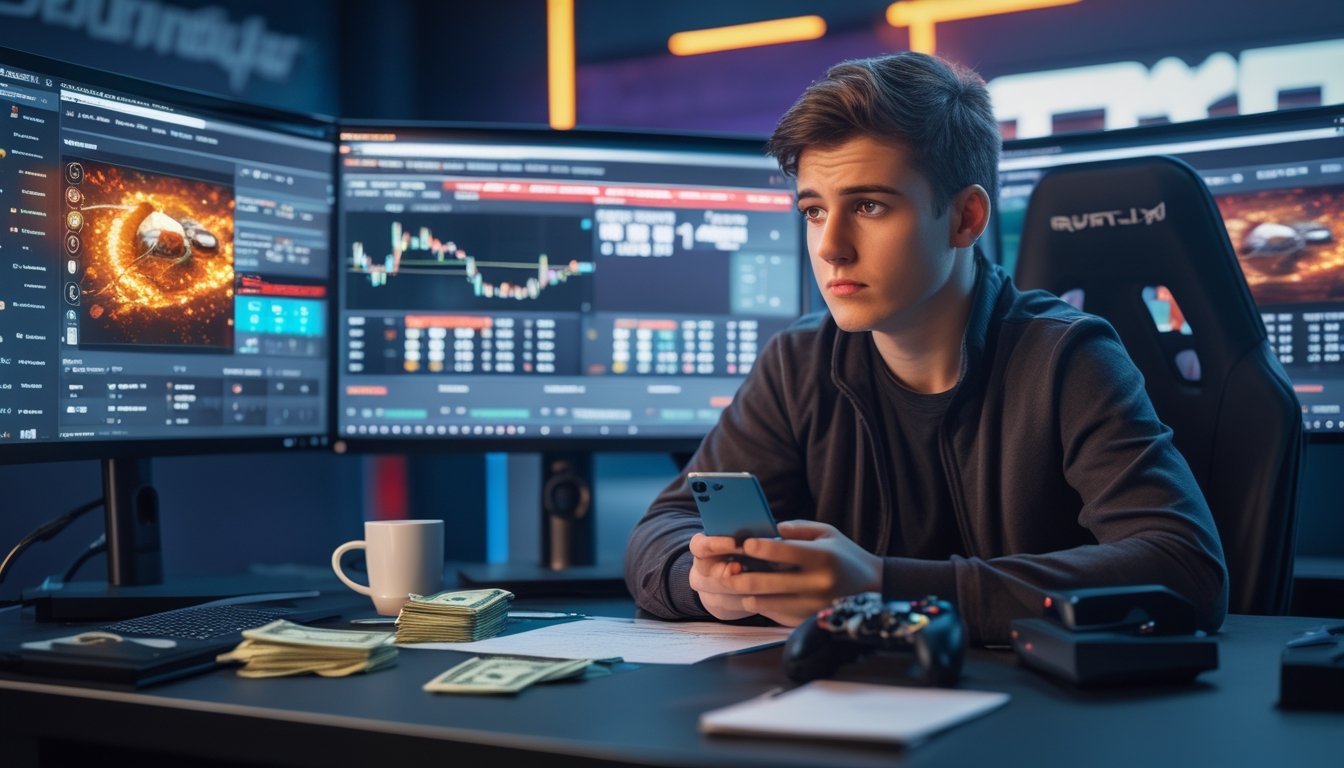 Seorang pemuda duduk di depan komputer dengan layar yang menampilkan pertandingan esports dan data taruhan, terlihat fokus dan sedikit cemas sambil memegang ponsel dan mengontrol permainan di ruangan bertema gaming.