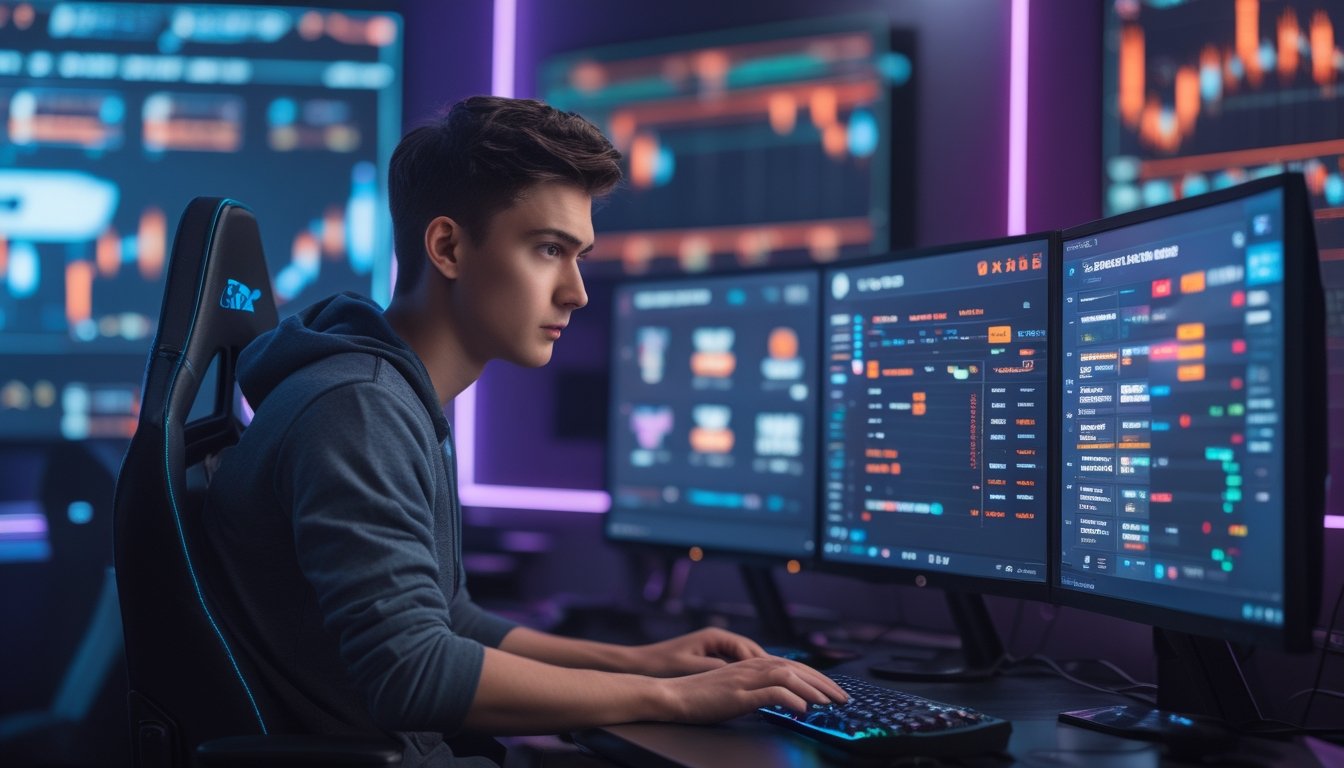 Seorang pemain muda sedang duduk di depan komputer dengan layar menampilkan permainan esports dan data taruhan, terlihat fokus dan sedikit khawatir.