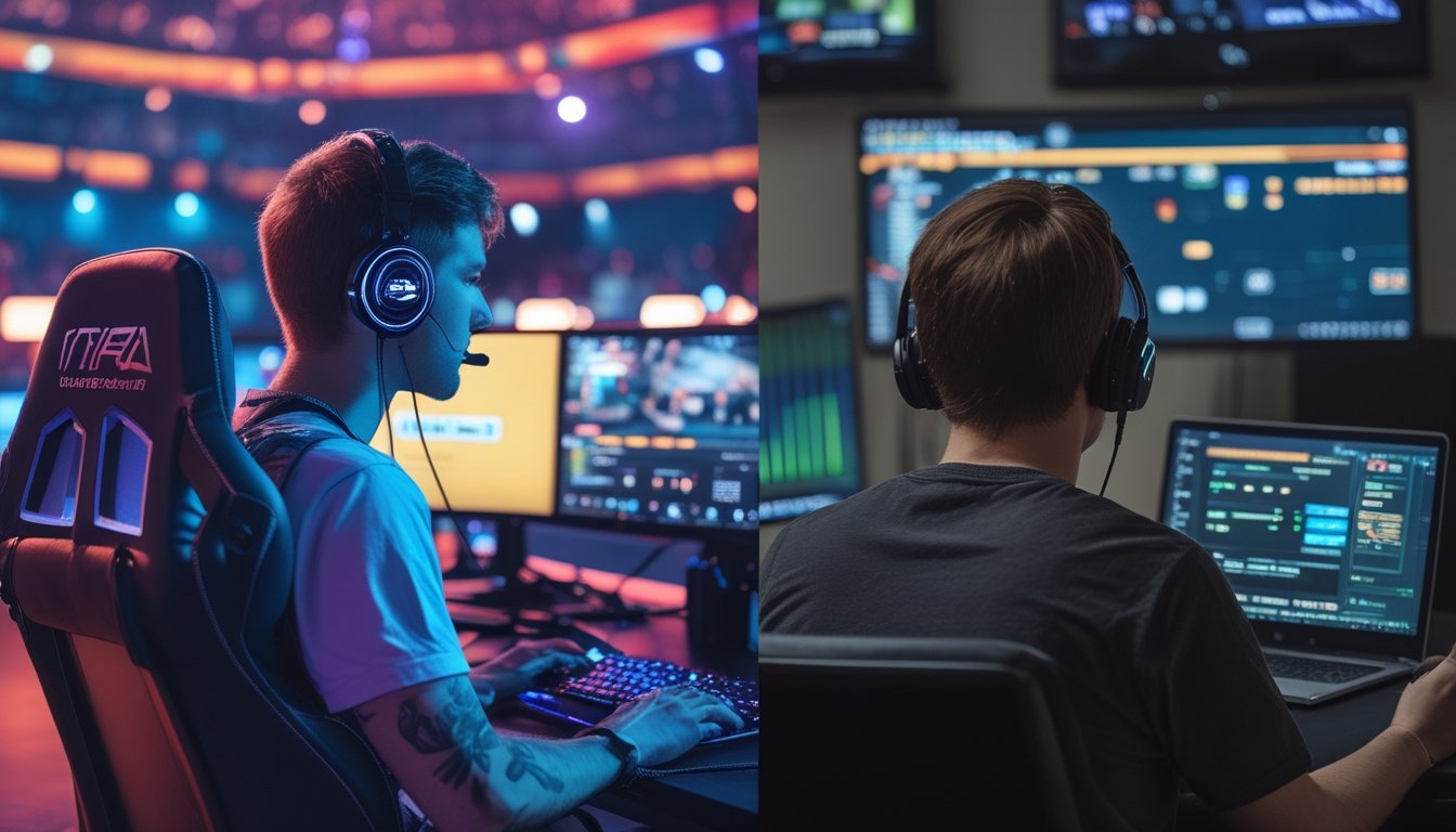 Seorang pemain esports yang fokus bermain game di komputer di sebelah kiri, dan seseorang yang sedang memasang taruhan online menggunakan laptop di sebelah kanan.