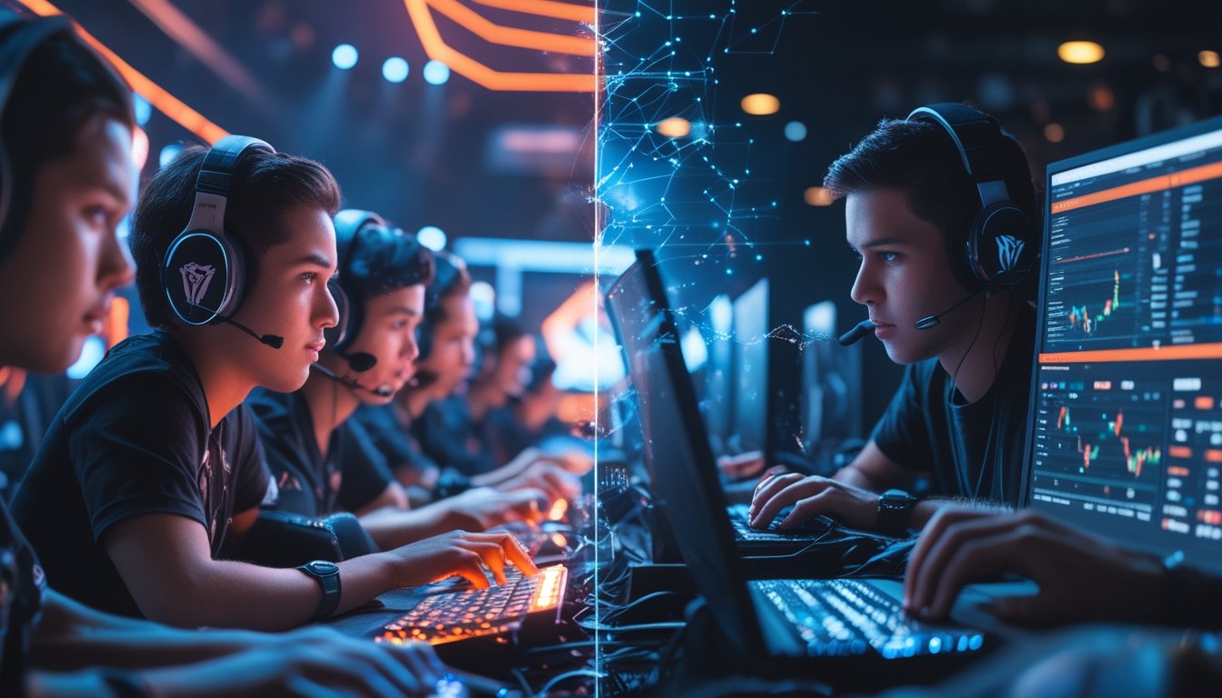 Dua sisi yang menunjukkan pemain esports sedang bertanding dan seseorang menggunakan perangkat untuk taruhan online dalam dunia game.