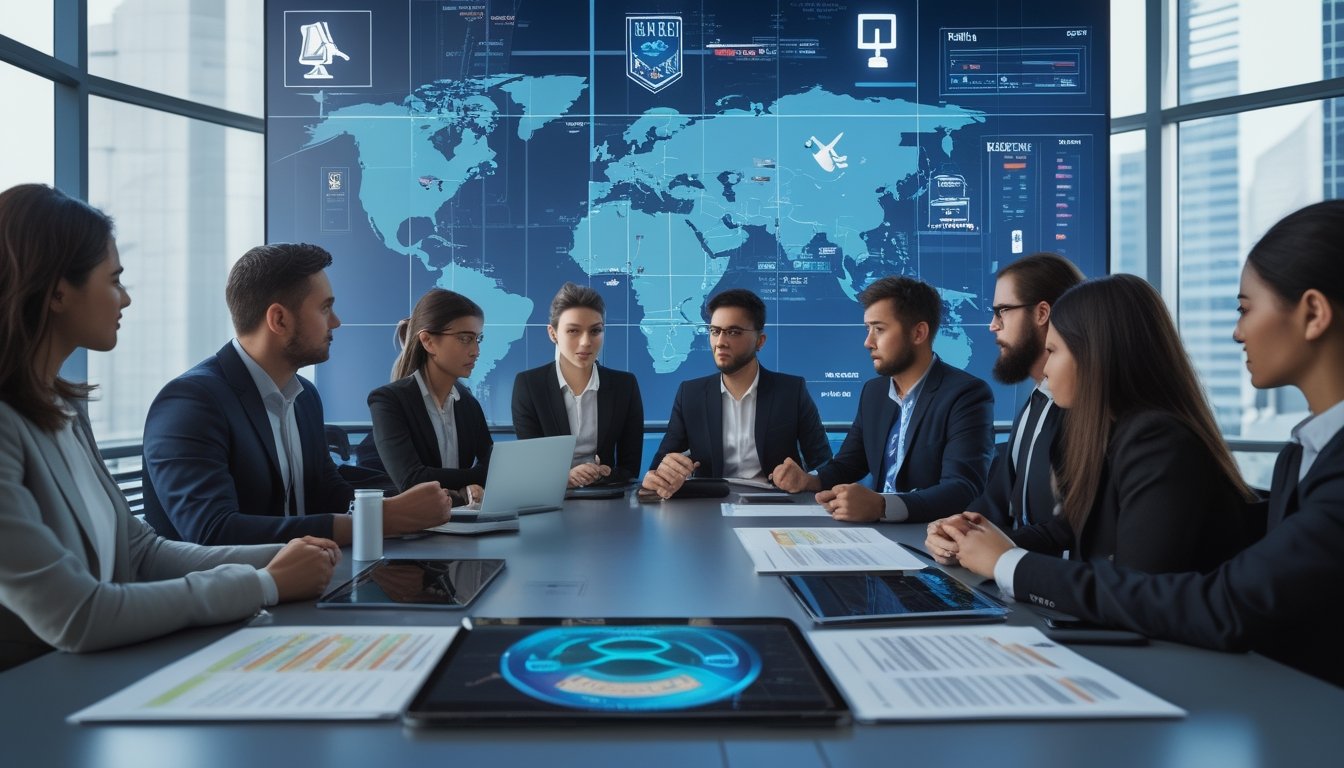 Sekelompok profesional sedang berdiskusi di ruang kantor modern dengan layar digital yang menampilkan simbol hukum dan ikon esports, serta peta dunia yang menyoroti berbagai negara.