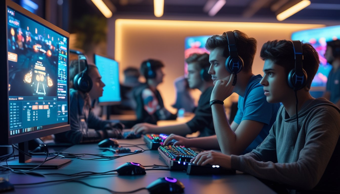 Sekelompok anak muda bermain esports di ruangan dengan lampu warna-warni, satu orang terlihat khawatir di latar belakang.