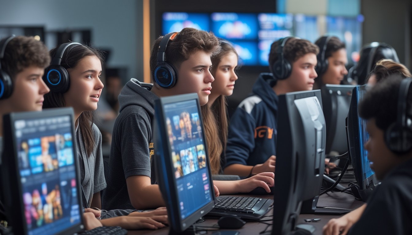Sekelompok anak muda berkumpul di sekitar layar komputer yang menampilkan permainan esports, dengan ekspresi antusias dan berpikir.