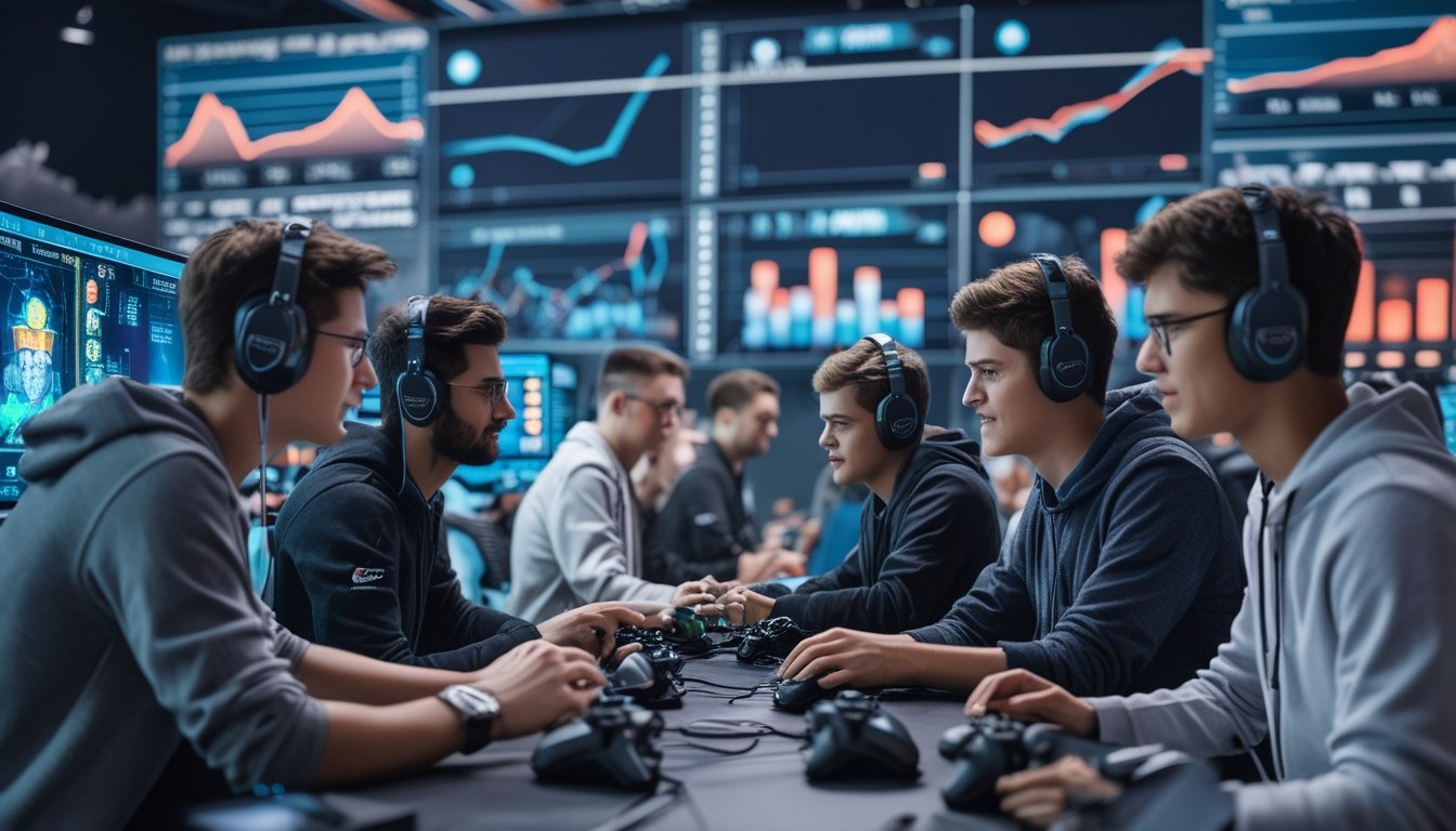 Sekelompok orang muda sedang bermain dan berdiskusi tentang esports di ruang modern dengan layar komputer dan grafik pertumbuhan di latar belakang.