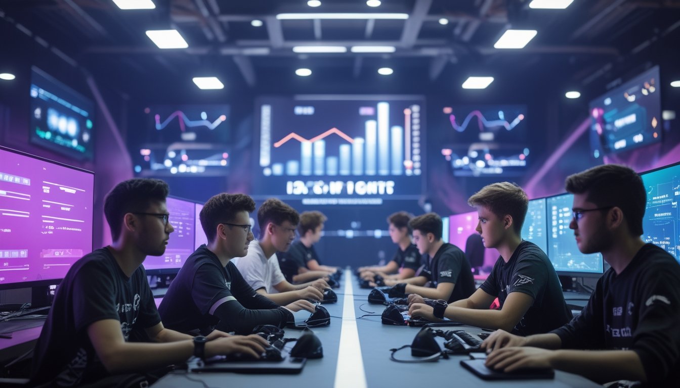 Sekelompok orang muda bermain dan berkompetisi dalam turnamen esports di arena permainan modern dengan peralatan gaming canggih.