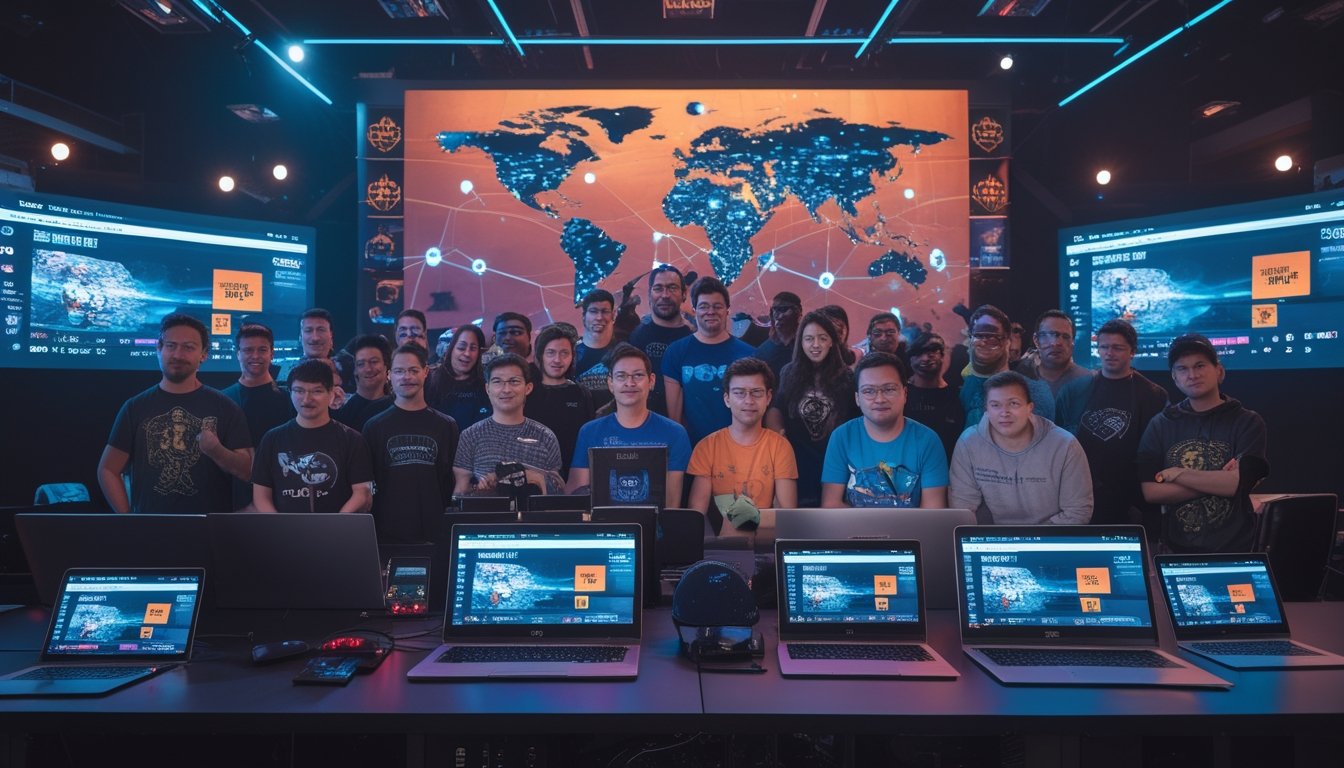 Sekelompok pemain dan penggemar esports sedang menonton pertandingan di arena gaming modern dengan layar besar dan perangkat streaming.