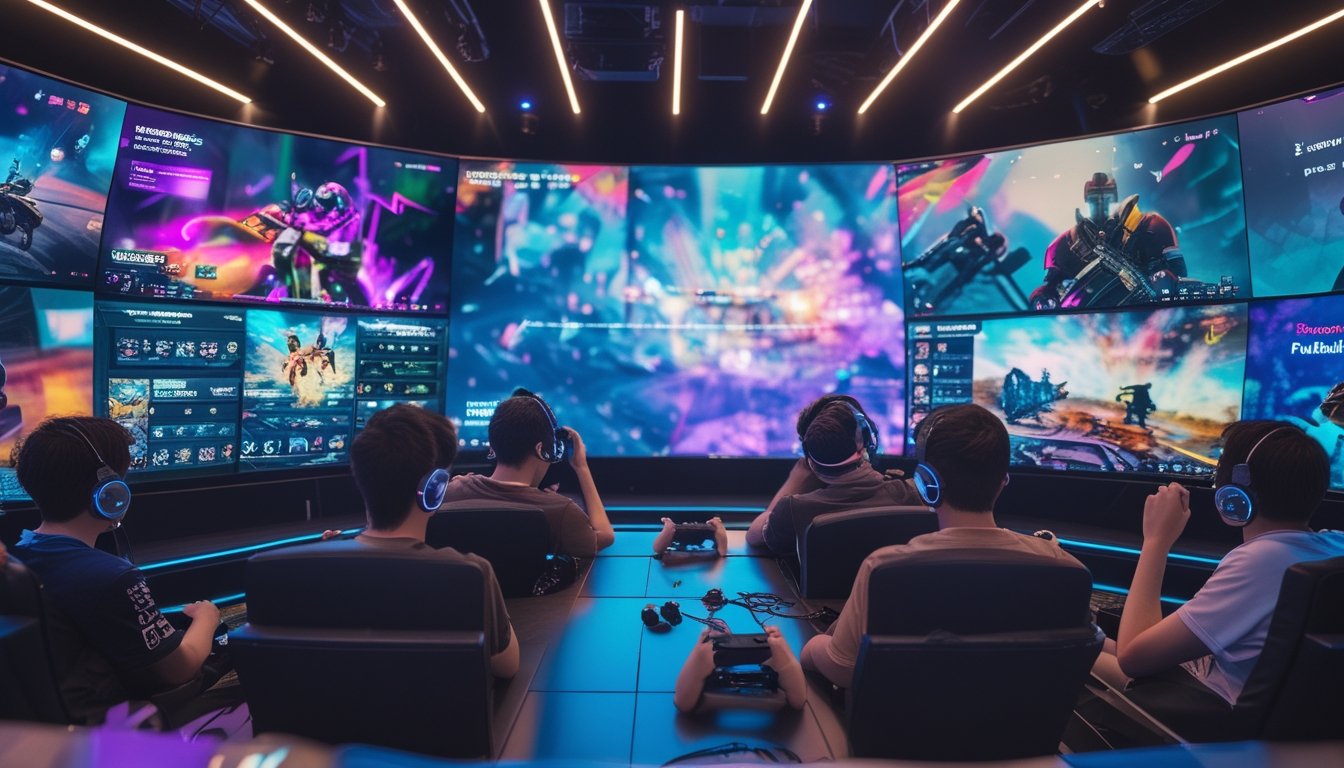Sekelompok orang muda menonton turnamen esports secara langsung di ruang game modern dengan layar besar dan pencahayaan warna-warni.