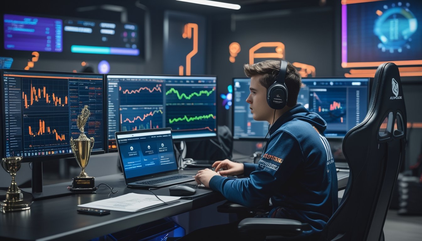 Seorang pemain esports muda duduk di meja kerja dengan beberapa monitor yang menampilkan grafik keuangan dan cuplikan permainan, menganalisis data dengan serius di lingkungan yang dilengkapi perlengkapan gaming.
