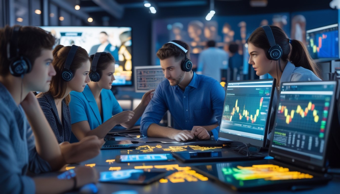 Sekelompok orang muda sedang berdiskusi di ruang kerja dengan perangkat digital yang menampilkan grafik dan data terkait esports dan manajemen risiko keuangan.