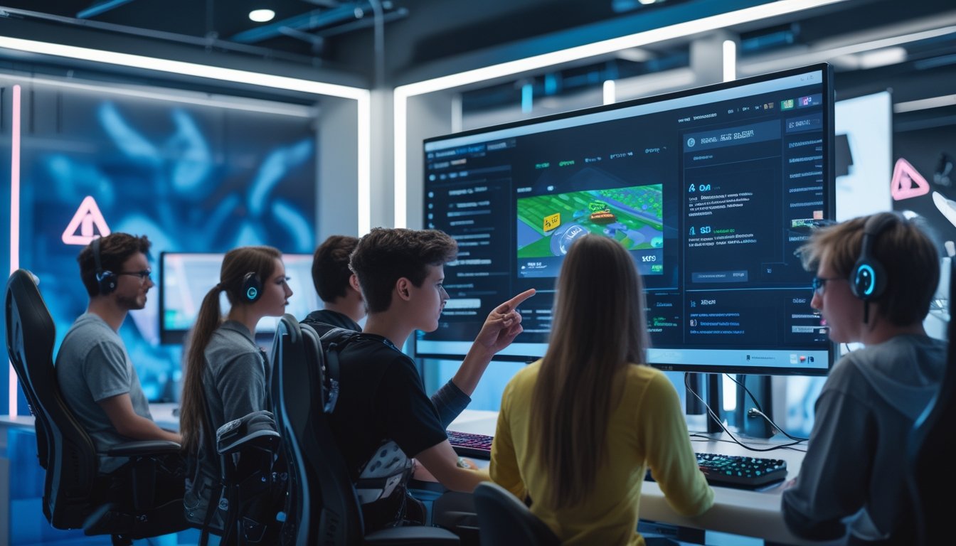 Sekelompok orang muda sedang berdiskusi di depan komputer dalam ruangan esports yang modern, fokus pada edukasi literasi digital untuk mencegah penipuan.