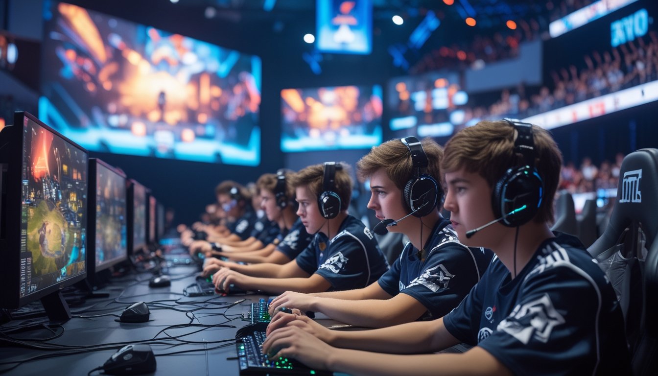 Sekelompok pemain esports muda yang fokus bermain dalam turnamen di arena game modern dengan layar besar dan pencahayaan terang.