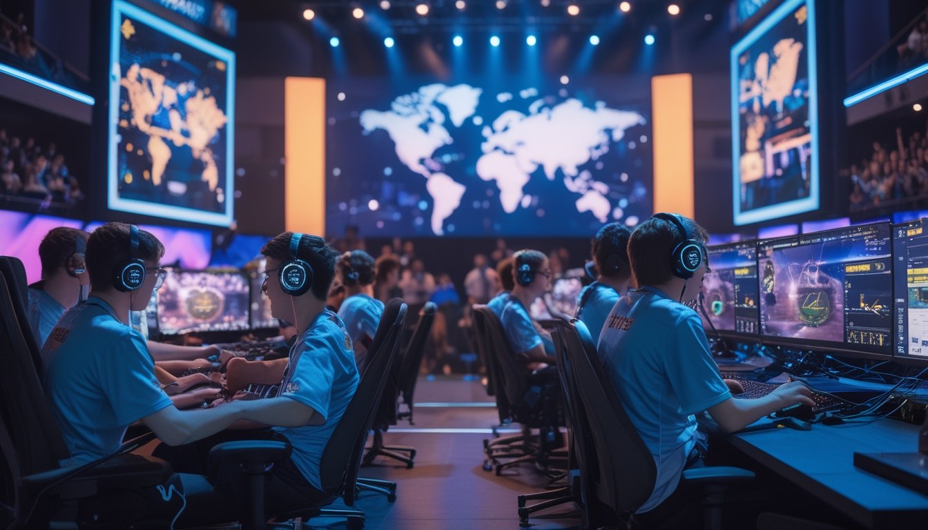 Sekelompok orang muda sedang bermain turnamen esports di arena permainan modern dengan penonton yang antusias di latar belakang.
