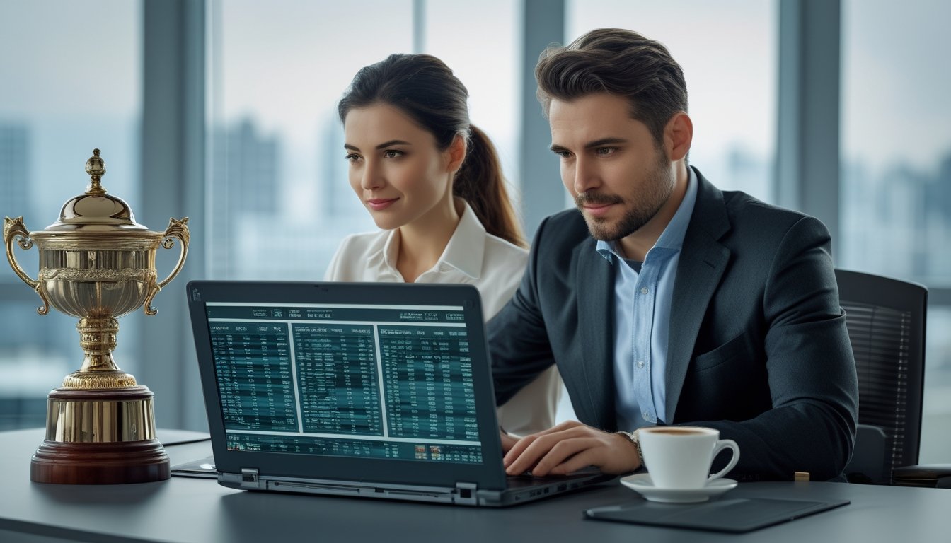 Seorang pria dan wanita duduk di meja kantor modern, fokus melihat layar laptop yang menampilkan data pacuan kuda.