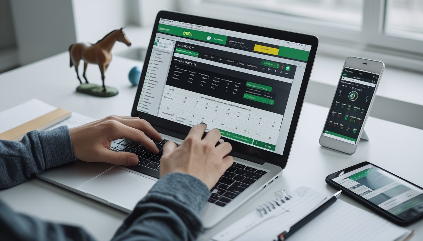 Seseorang menggunakan laptop untuk bermain judi pacuan kuda online dengan beberapa perlengkapan terkait di meja kerja.