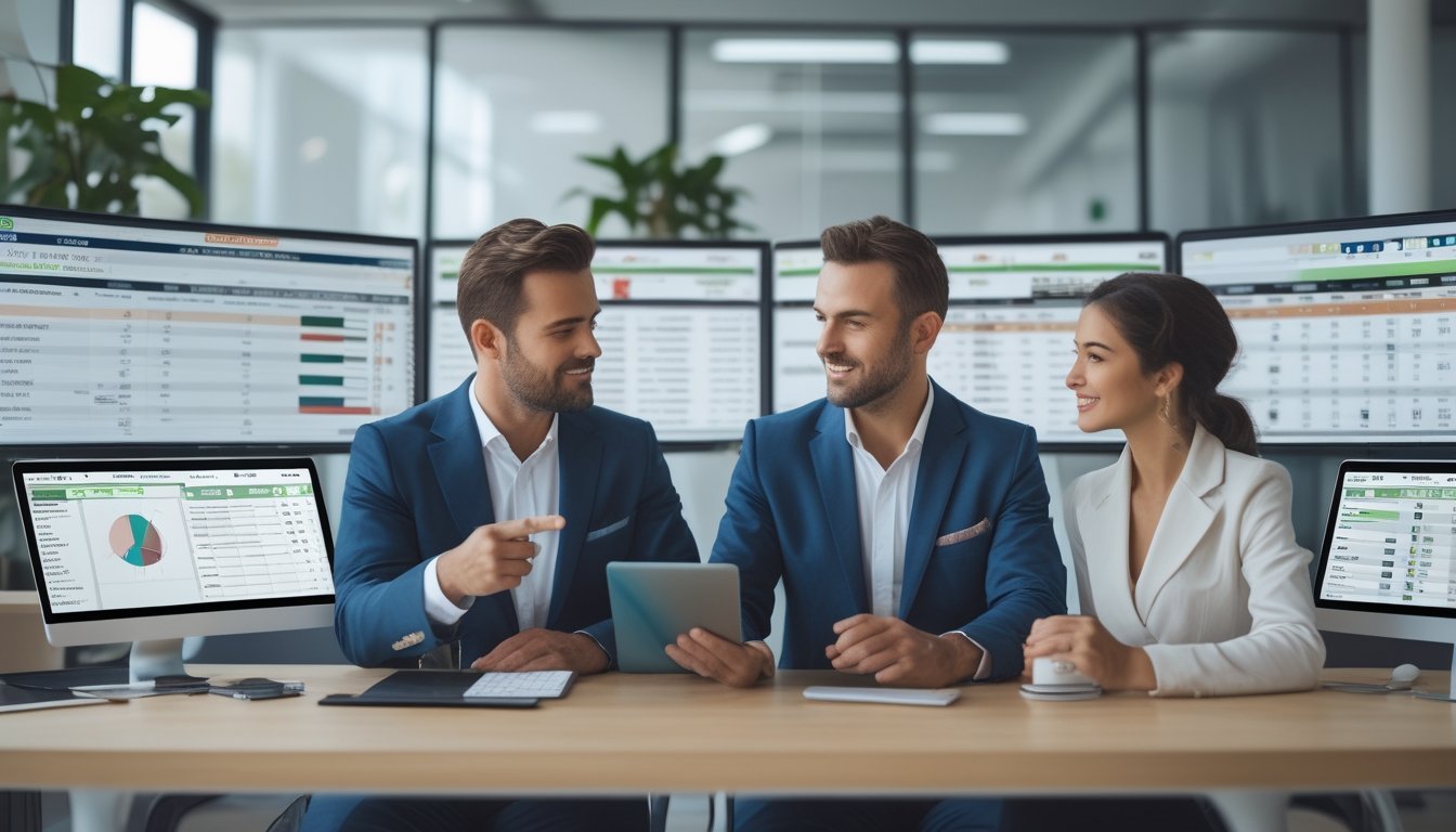 Dua orang profesional sedang menganalisis data pacuan kuda di layar komputer dalam kantor modern.