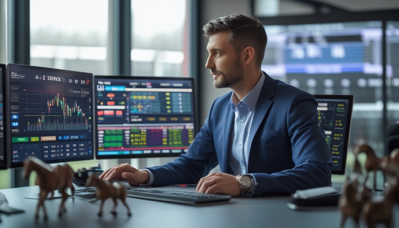 Seorang pria mengenakan pakaian bisnis sedang menganalisis data pacuan kuda di beberapa layar digital dalam ruang kantor modern.