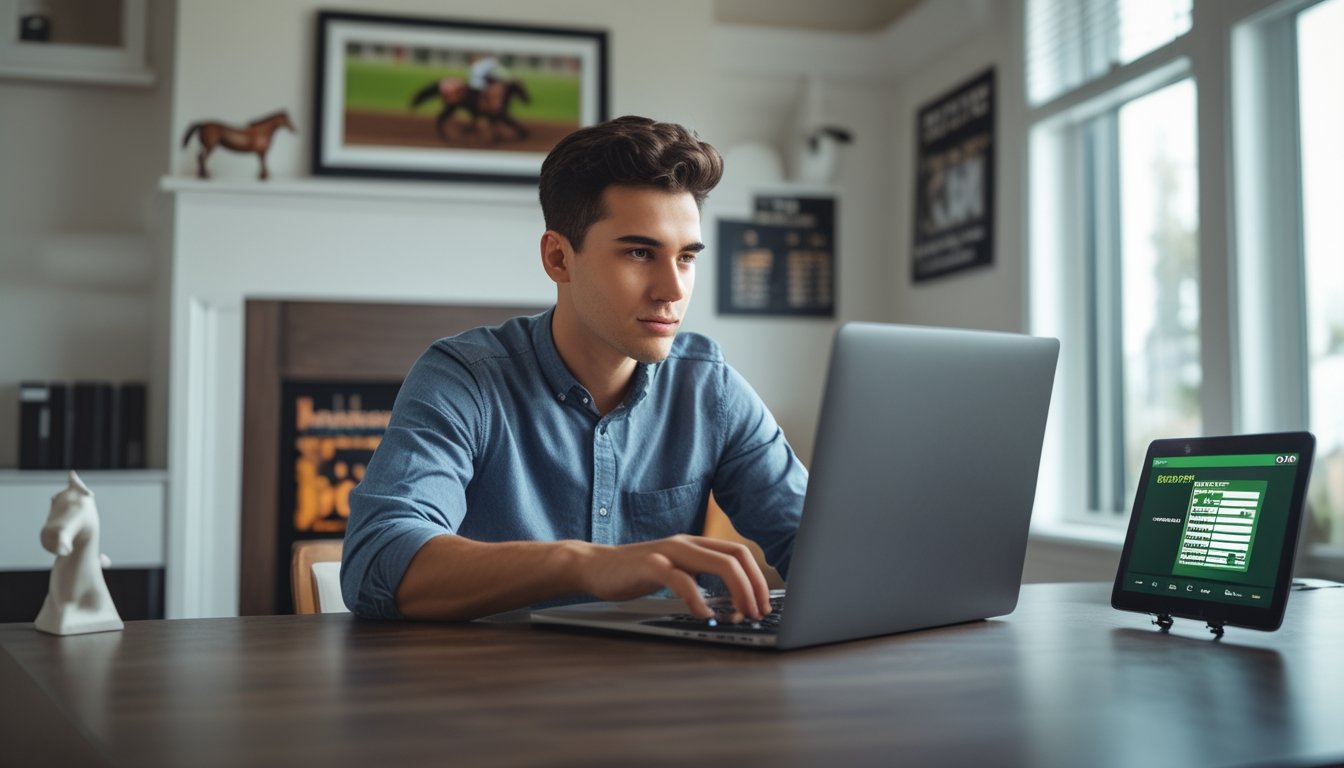 Seseorang sedang mendaftar di situs judi pacuan kuda online menggunakan laptop di ruang kerja yang rapi.