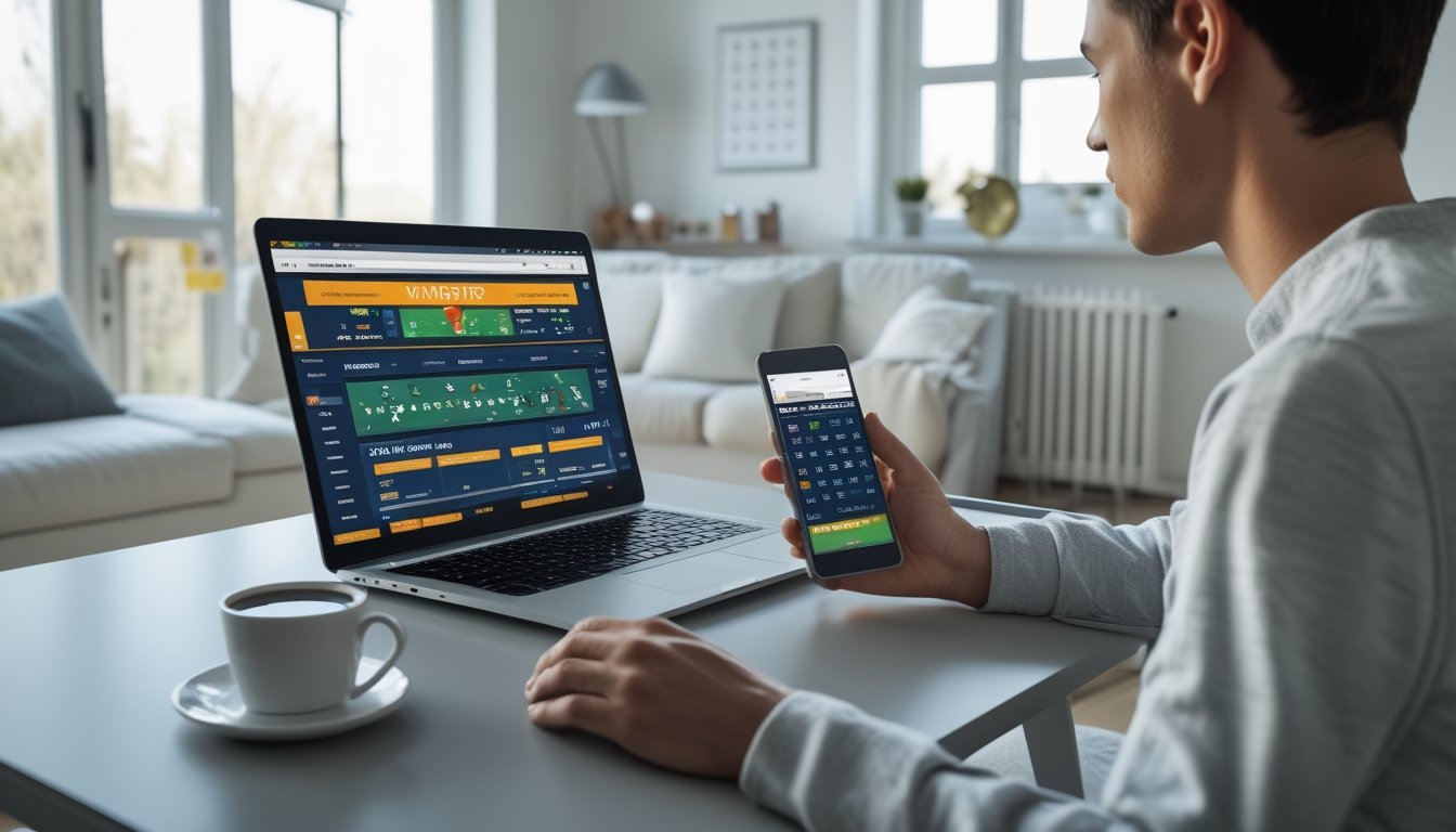 Seseorang duduk santai di ruang tamu dengan laptop dan ponsel, menggunakan platform taruhan pacuan kuda online.