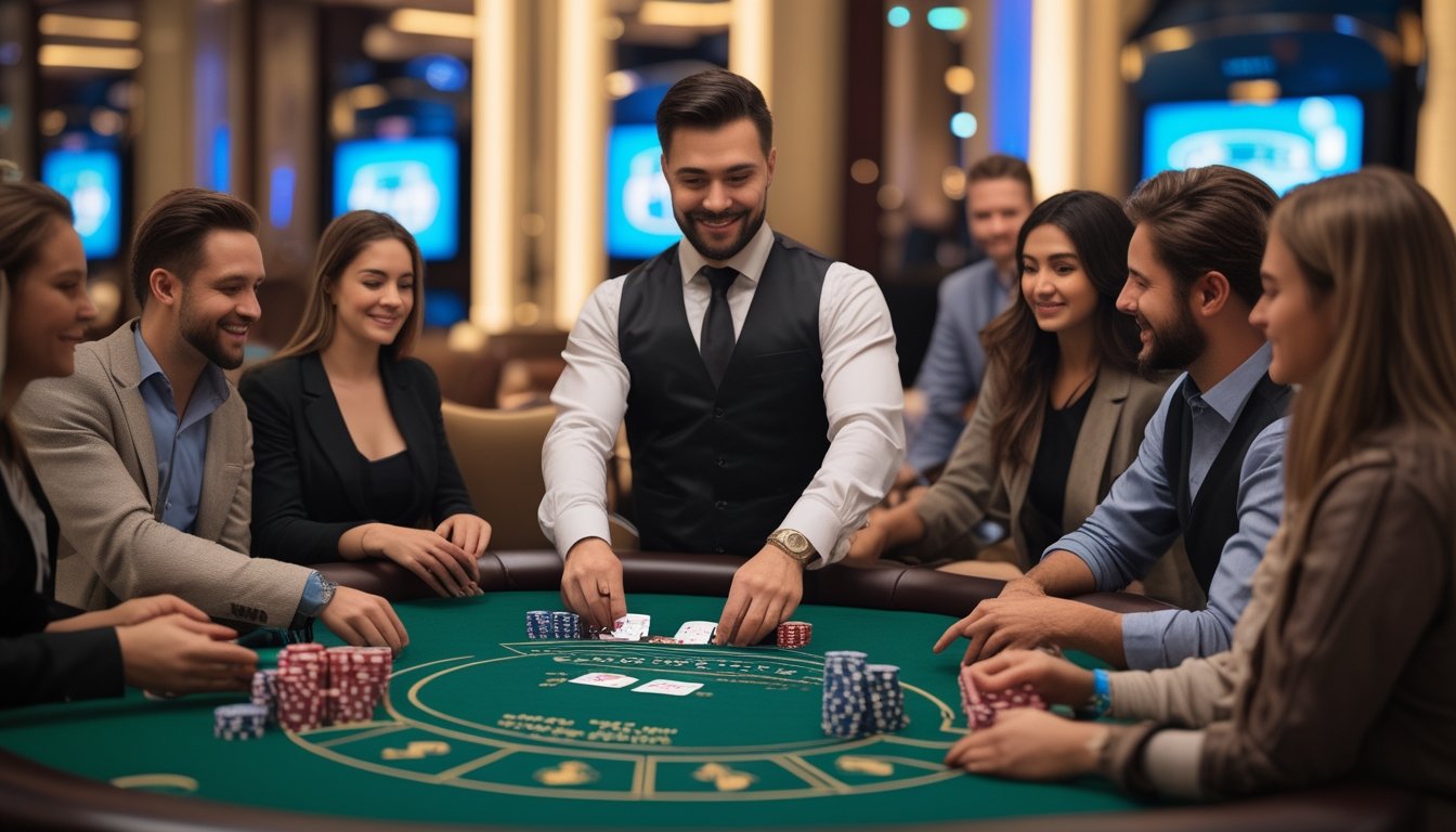 Seorang dealer dan beberapa pemula sedang bermain Casino Hold'em di meja kasino dengan suasana yang elegan dan ramah.